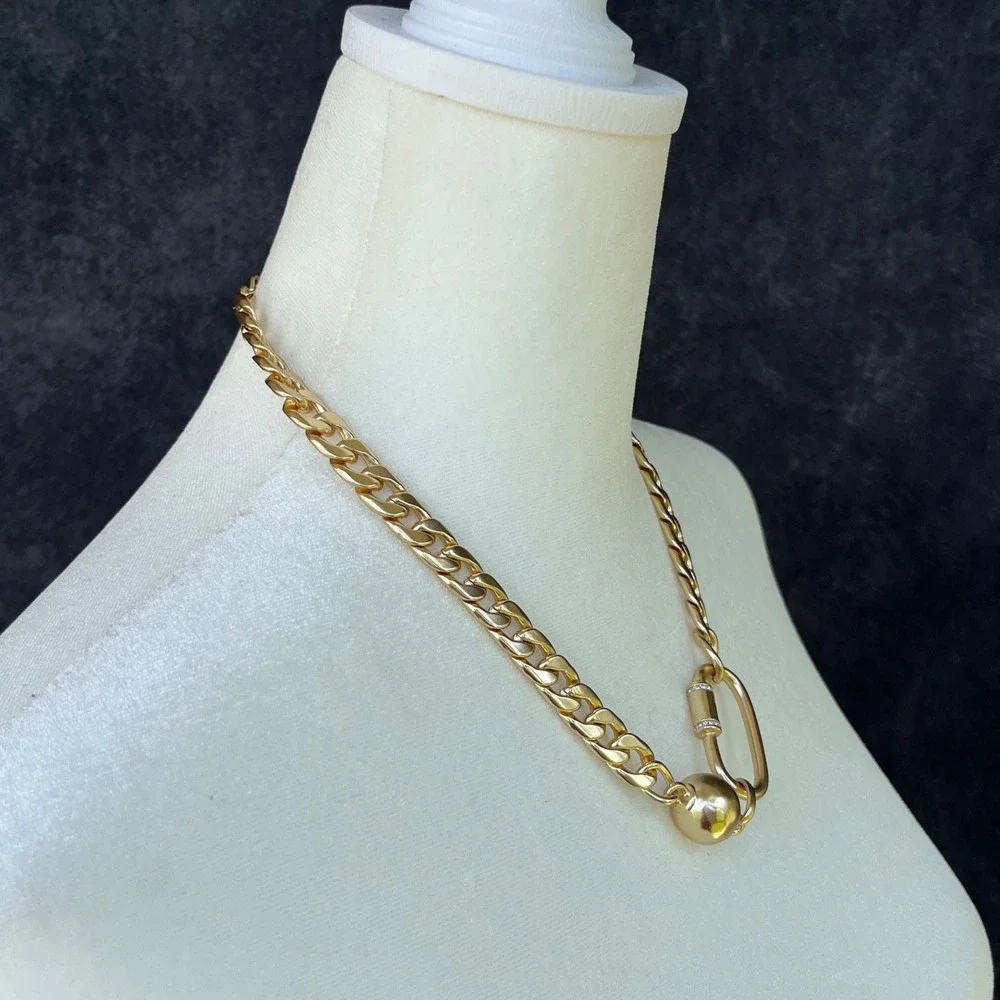 Chicos Gold Tone Chunky Curb Chain Carabiner Pave Rhinestone Necklace Womens
